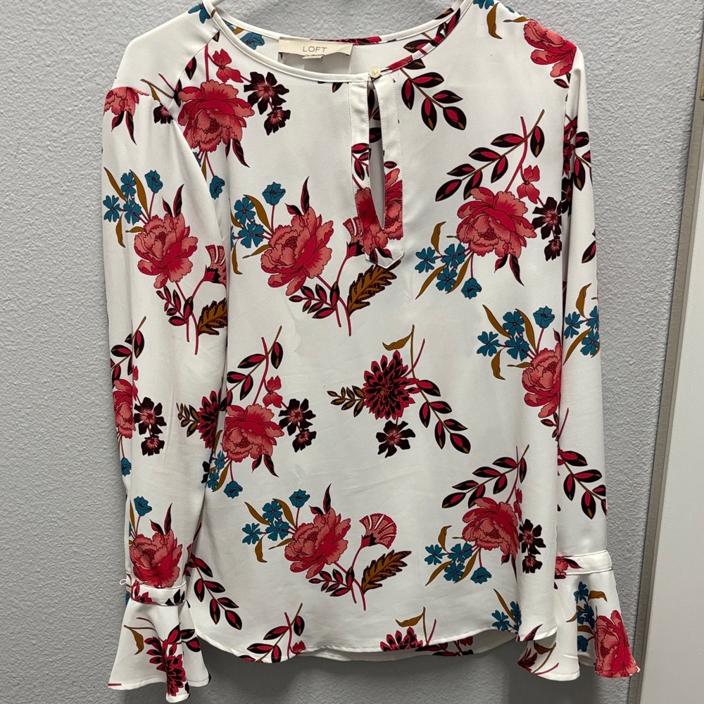 LOFT White Blouse with Pink Floral & Teal Accents